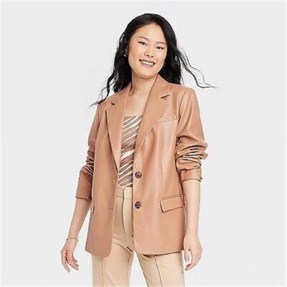Jackets & Blazers - Women's Faux Leather Relaxed Fit Blazer - Brown L Jacket for Business or Casual